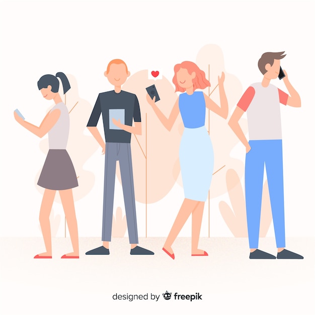 Free Vector hand drawn young people using technological devices background