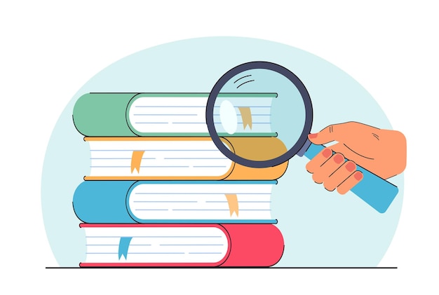 Free Vector hand of student holding magnifying glass and studying books. stack of books for scientific research flat vector illustration. education, information concept for banner, website design or landing page