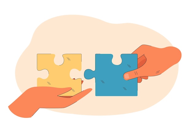 Free Vector hands connecting blue and yellow puzzle flat vector illustration. jigsaw, connection, solution, praying, support, independence concept for banner, website design or landing web page