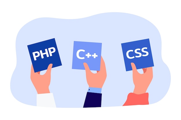 Free Vector hands holding symbols of different programming languages. programmers using software for coding flat vector illustration. programming, engineering, technology concept for banner or landing page