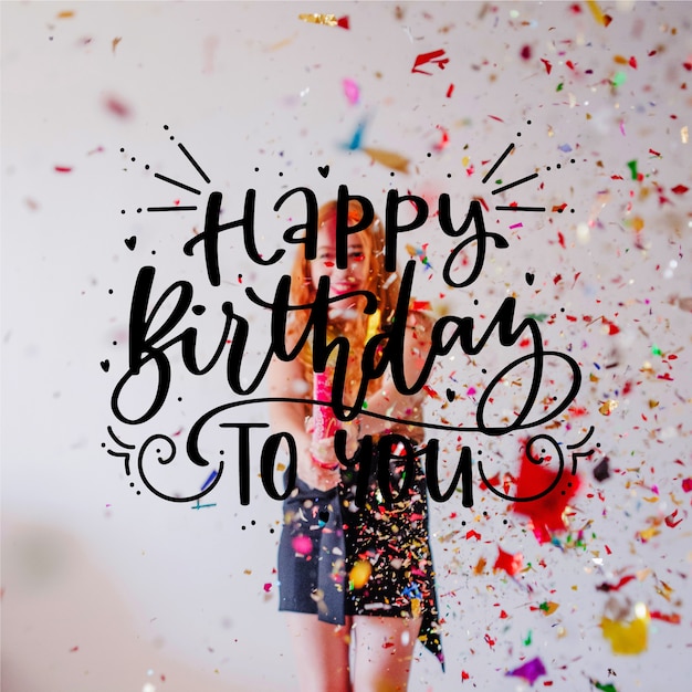 Free Vector happy birthday lettering with girl and confetti