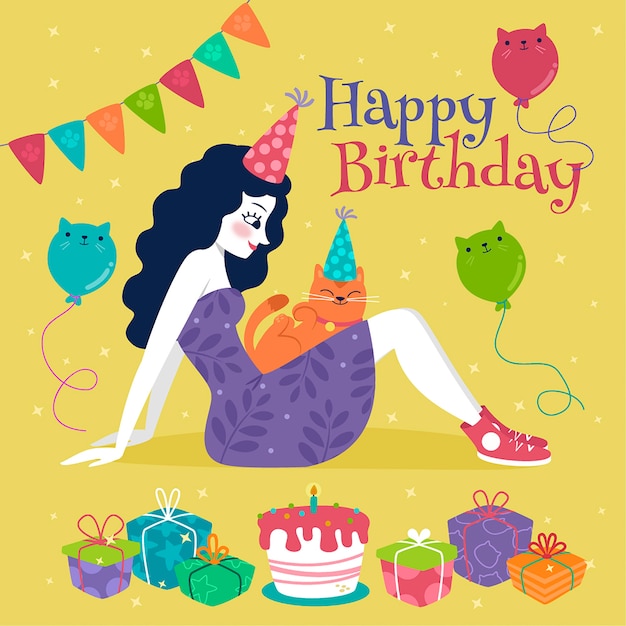 Free Vector happy birthday woman and cats