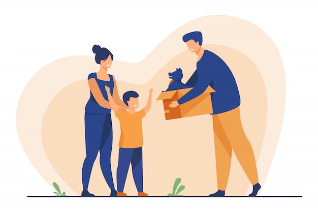 Free Vector happy family with child adopting pet