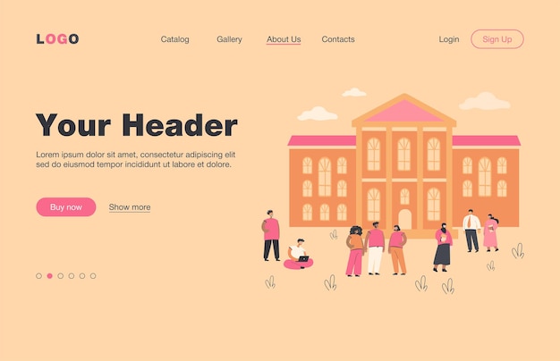 Free Vector happy mix-raced students walking in front of university building flat  landing page.. cartoon people relaxing at campus yard. landscape and exterior concept