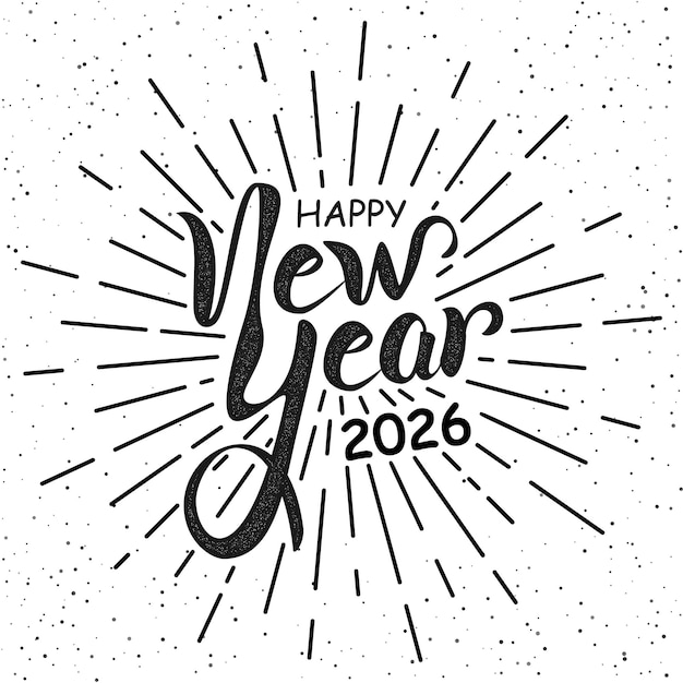 Free Vector happy new year 2026 hand lettering in black white retro vector style lines typography design