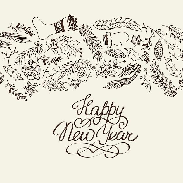 Free Vector happy new year congratulation decorative doodle with cartoons symbolizing the beginning of the next year illustration