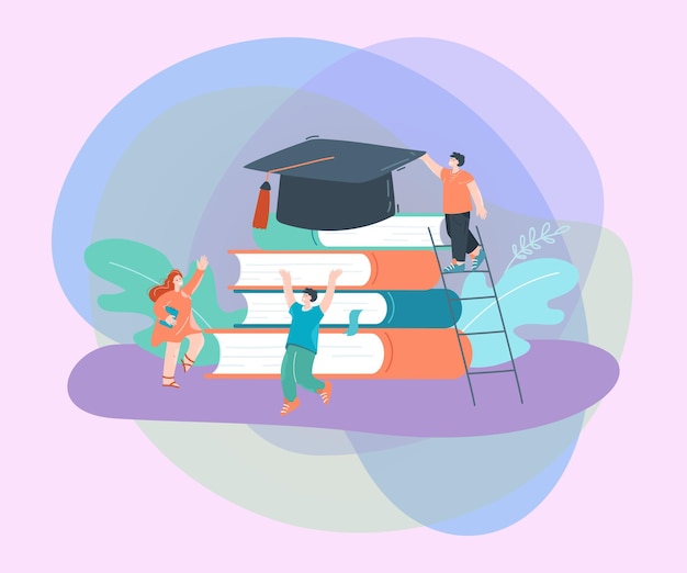 Free Vector happy tiny students with huge books and graduation hat