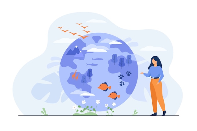 Free Vector happy woman standing and pointing on globe with flora and fauna diversity flat illustration.