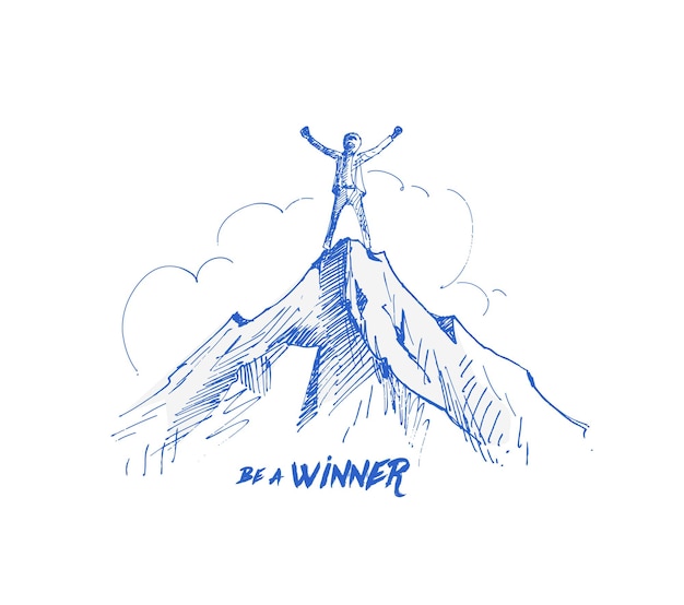 Free Vector hiker celebrating success on top of a mountain hand drawn vector background