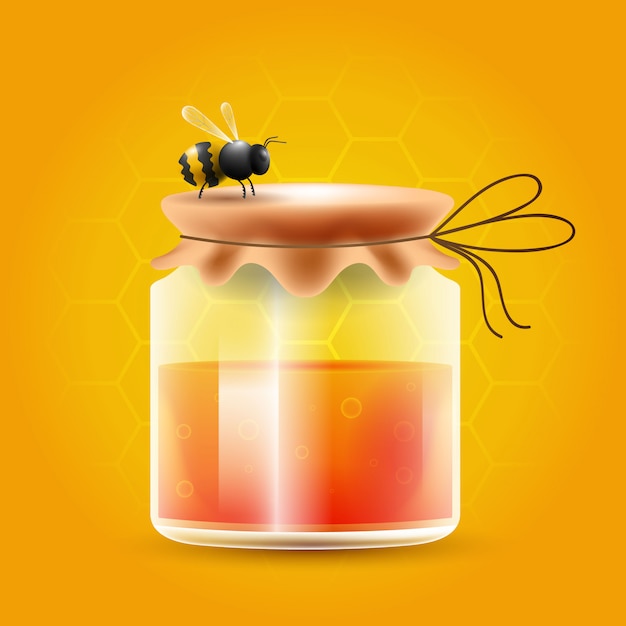 Free Vector honey container with bee on top of the container