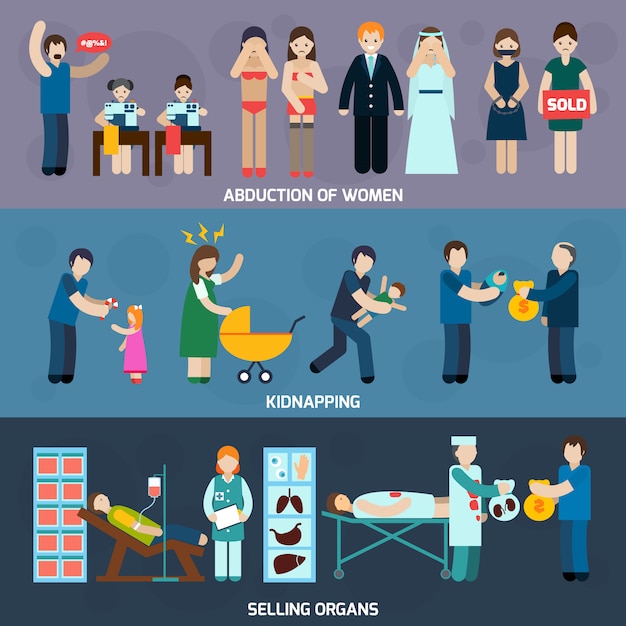 Free Vector human trafficking horizontal flat banners set