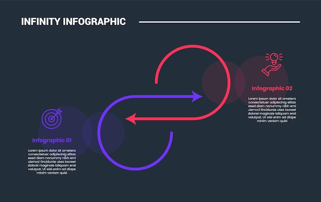 Free Vector infinity loop concept infographic process diagram with arrow cycle opposite direction with dark background bright outline style and 2 points