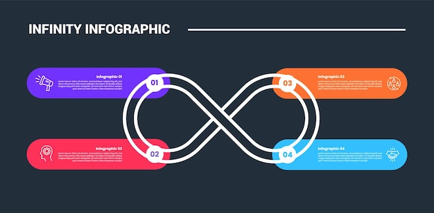Free Vector infinity loop concept infographic process diagram with round rectangle box container on quadrant structure with dark background bright outline style and 4 points