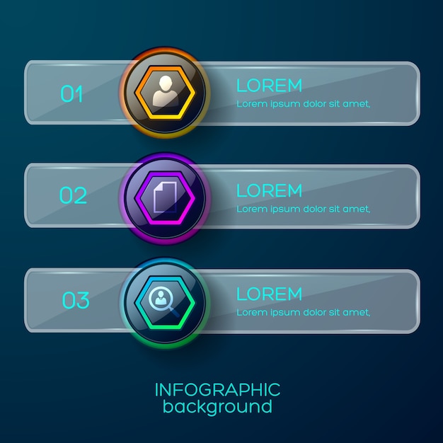 Free Vector infographic  concept with three numerical glossy frames with icons text description and solid horizontal shape
