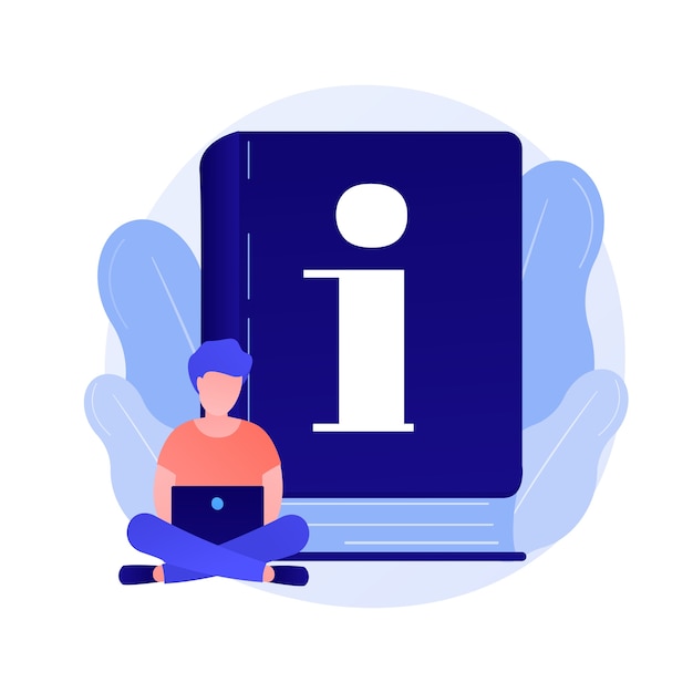 Free Vector instruction manual. smart man with laptop studying handbook, reading guidebook cartoon character. use terms, tutorial guide, digital documentation.