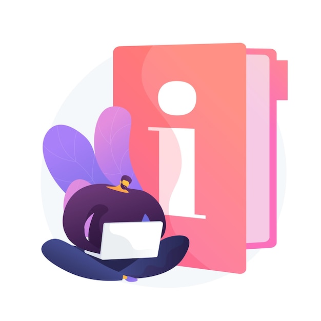Free Vector instruction manual. smart man with laptop studying handbook, reading guidebook cartoon character. use terms, tutorial guide, digital documentation.  