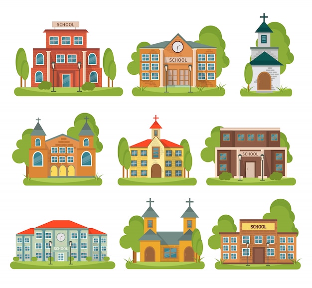 Free Vector isolated and colored building school church set with different types and purposes for buildings