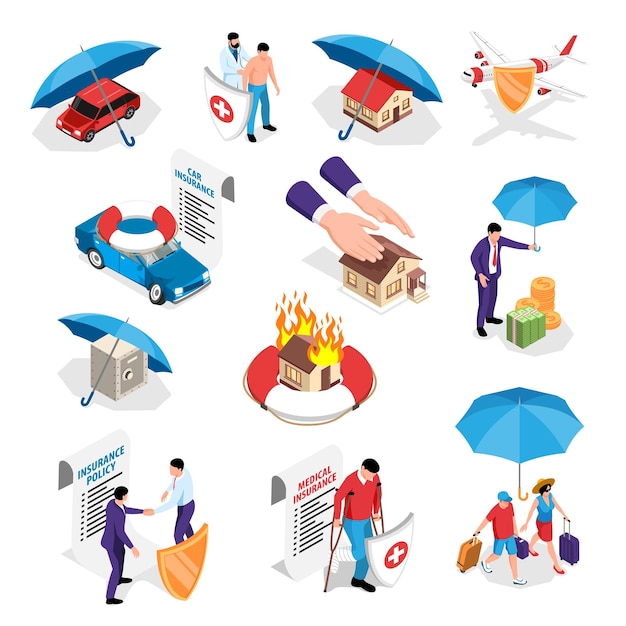 Free Vector isolated insurance set with isometric icons of shields and umbrellas with private property items and people vector illustration