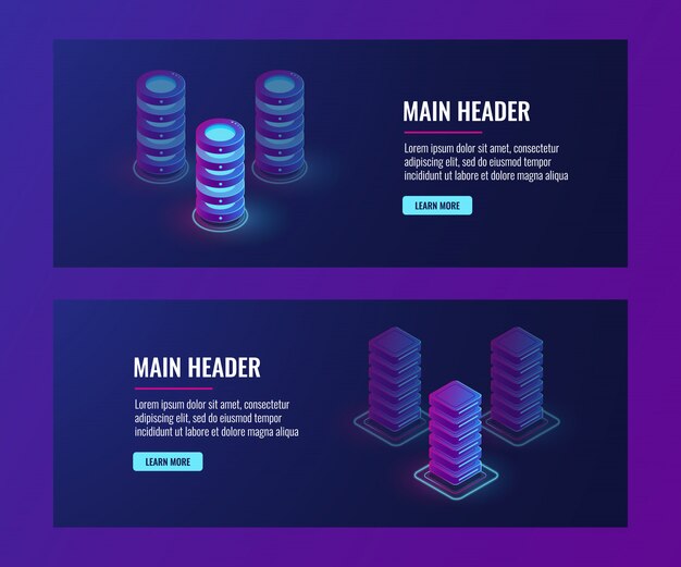 Free Vector isometric data flow processing, server room, data center and database banner, web host