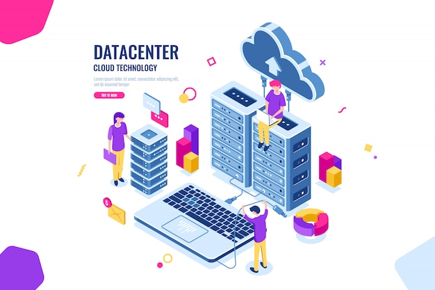 Free Vector isometric data security, computer engineer, data center and server room, cloud computing
