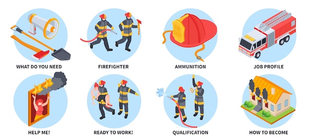 Free Vector isometric firefighter set of isolated round compositions with editable text and characters of firemen at work vector illustration