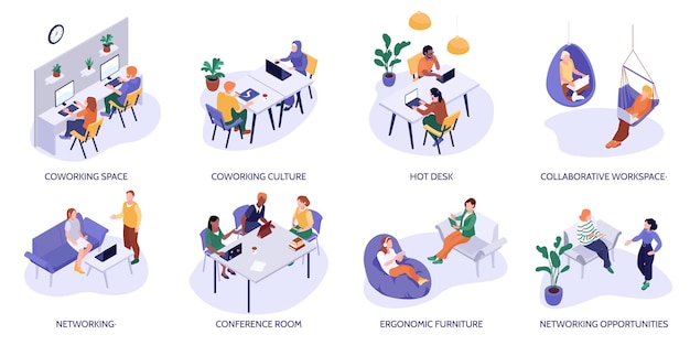 Free Vector isometric freelancer set with isolated compositions of working spaces text captions and characters of remote workers vector illustration