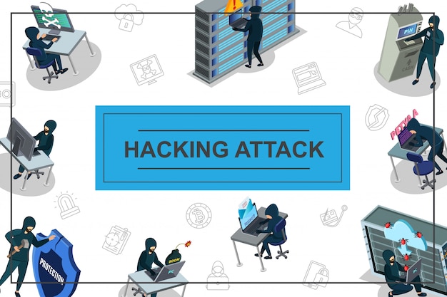 Free Vector isometric hacker activity composition with hacking of computer mail servers datacenter atm and internet security icons