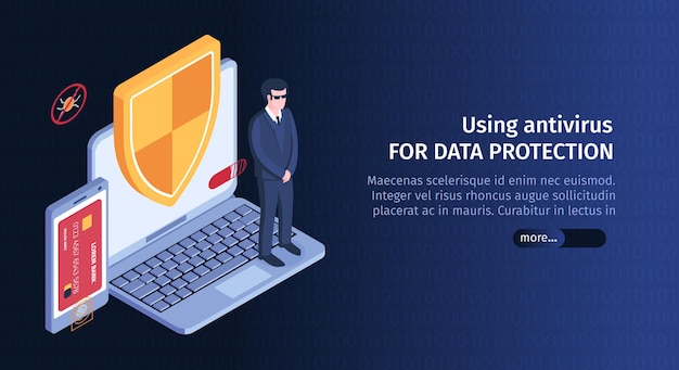 Free Vector isometric hacker horizontal banner with computer security image and slider button for more information