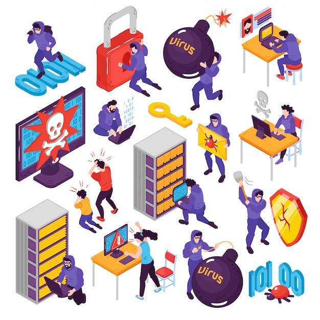 Free Vector isometric hacker set with isolated conceptual images with pictogram icons images of computer peripherals and people vector illustration