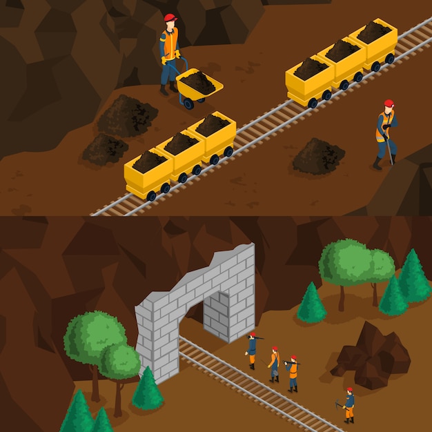 Free Vector isometric miners horizontal banners