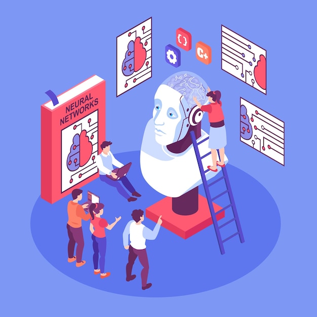 Free Vector isometric neural network programmer composition with human characters making artificial brain with book and scheme icons vector illustration