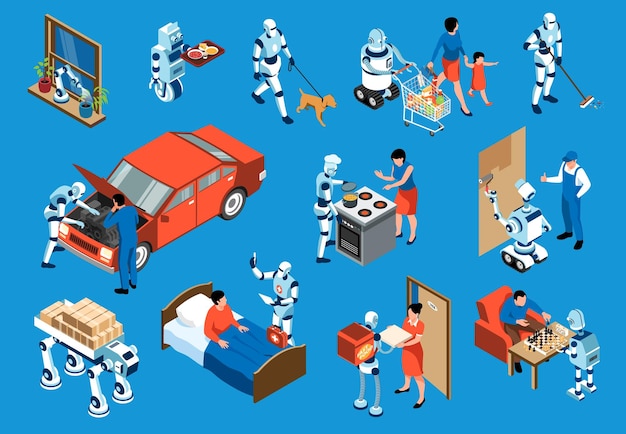 Free Vector isometric robot assistant set robots help humans in daily routine tasks and in specific complex work vector illustration