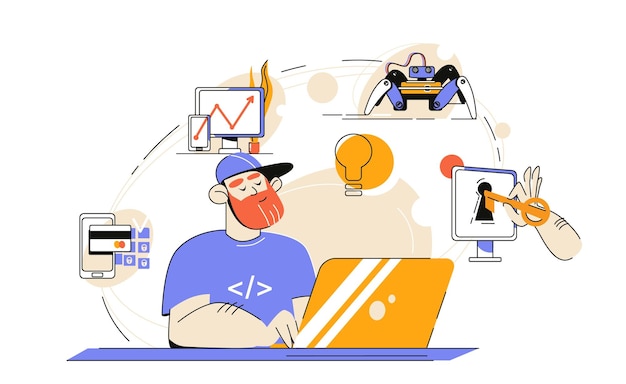 Free Vector it specialist composition with flat view of hipster programmers workplace and icons cycle representing work pipeline vector illustration