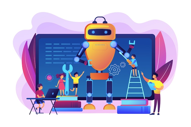 Free Vector kids programming and creating robot at class, tiny people. engineering for kids, learn science activities, early development classes concept.  