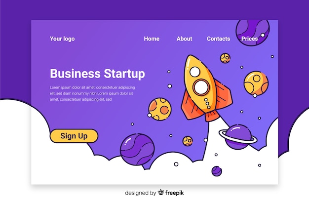 Free Vector landing page template with a rocket
