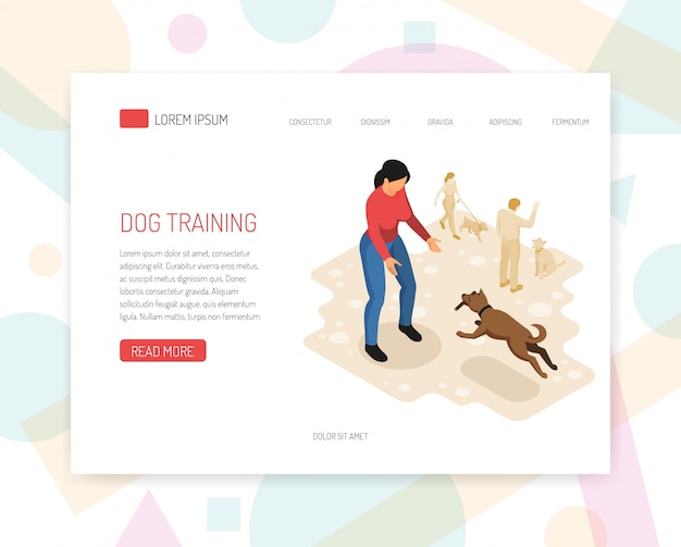 Free Vector landing page or web template with cynologyst dog training behavior analysis specific tasks undertaking interaction with environment web page isometric design vector illustration