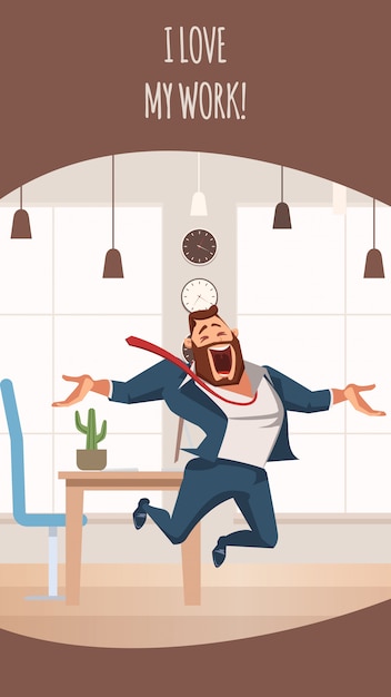 Free Vector laughing office worker jumping up. i love my work