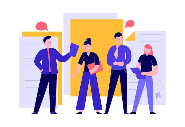 Free Vector lawyer justice law composition with doodle characters of lawyers with paper sheets vector illustration