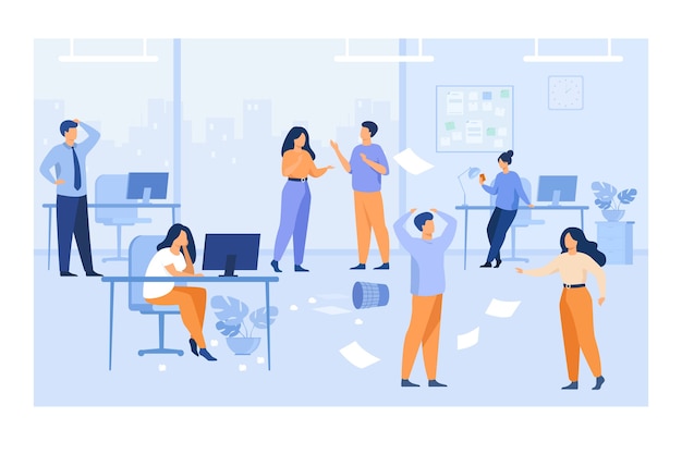 Free Vector lazy employees making mess and chaos at workplaces in office. unorganized managers chatting, using computers at desk among flying papers. for chaotic work, teamwork problem concept