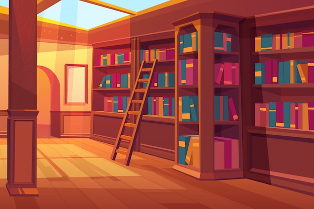 Free Vector library interior, empty room for reading with books on wooden shelves