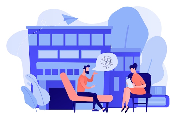 Free Vector male patient on coach at psychology consultation talking to psychologist. psychologist service, private counseling, family psychology concept. pinkish coral bluevector vector isolated illustration