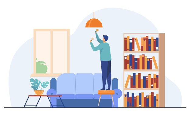 Free Vector man inserting light bulbs into chandelier.