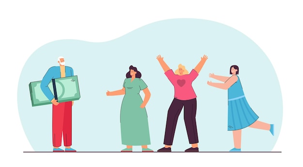 Free Vector man of old age holding money, happy women standing nearby. girls wanting to be with rich partner flat vector illustration. money and relationship concept for banner, website design, landing web page