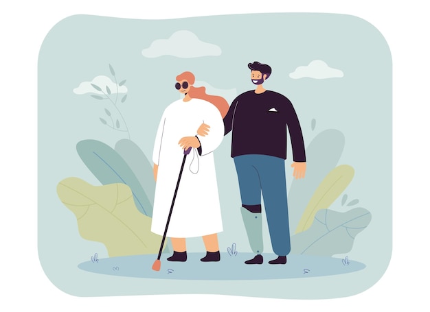Free Vector man with prosthetic leg walking with blind woman. flat illustration
