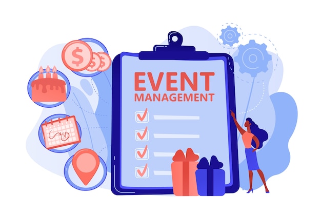 Free Vector manager with checklist creating event plan and development. event management and planning service, how to plan an event, planning software concept. pinkish coral bluevector isolated illustration