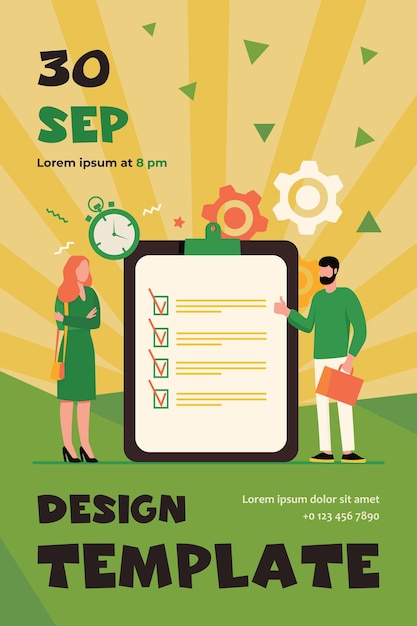 Free Vector managers with task list. employees standing at checklist and timer, making thumb up flat flyer template