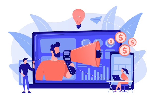 Free Vector marketer delivering ads with megaphone and devices. cross-device marketing, cross-device marketing analysis and strategy concept pinkish coral bluevector isolated illustration