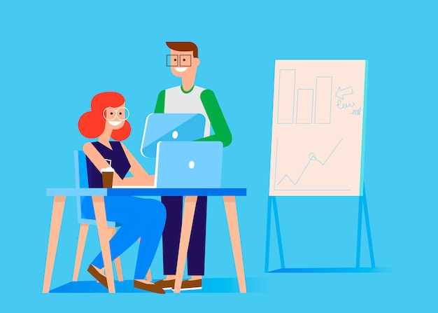 Free Vector marketing team banner. man and woman in the office at the computer and tablet