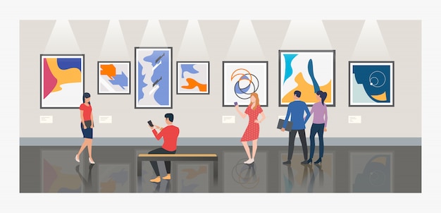 Free Vector men and women visiting museum or art gallery illustration