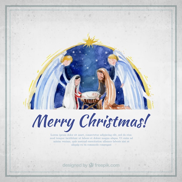 Free Vector merry christmas card with watercolor nativity scene